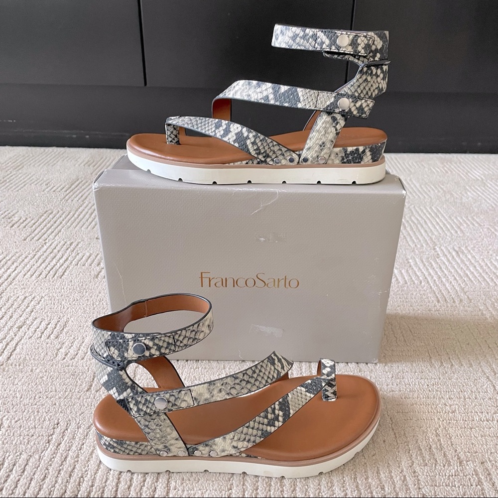 Franco Sarto Snakeskin Print Ankle-Strap Sandals - Black, White, Tan